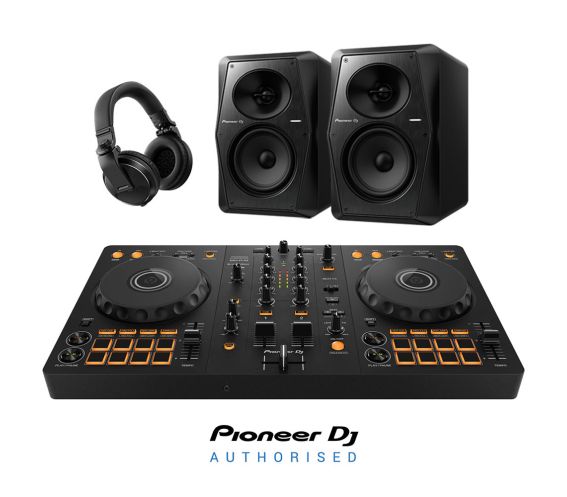 Pioneer DJ DDJ-FLX4, HDJ-X5 Headphones, and VM-80 Speakers Complete DJ Equipment Package