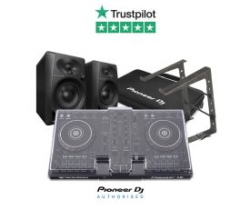 Pioneer DJ DDJ-FLX4, DM-40D Speakers, Decksaver, DJC-Bag and Laptop Stand DJ Package