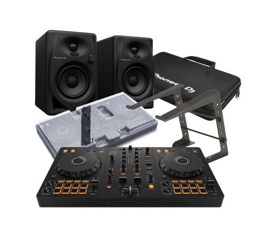 Pioneer DJ DDJ-FLX4, DM-40D Speakers, Decksaver, DJC-Bag and Laptop Stand DJ Package