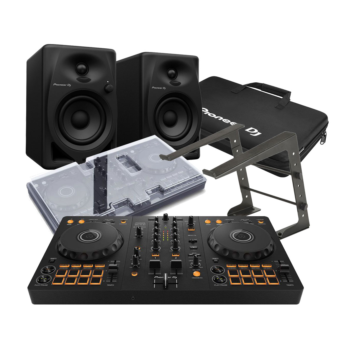 DJ機材 Pioneer DJ DDJ-FLX4 & one audio pro Pioneer DJ DDJ-FLX4, DM-40D Speakers, Decksaver, DJC-Bag, Laptop