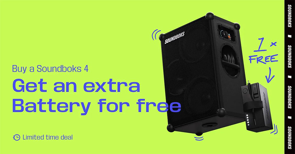 For a limited time, buy a SOUNDBOKS 4 and get THE BATTERY absolutely FREE. Offer valid June 8th – 28th.